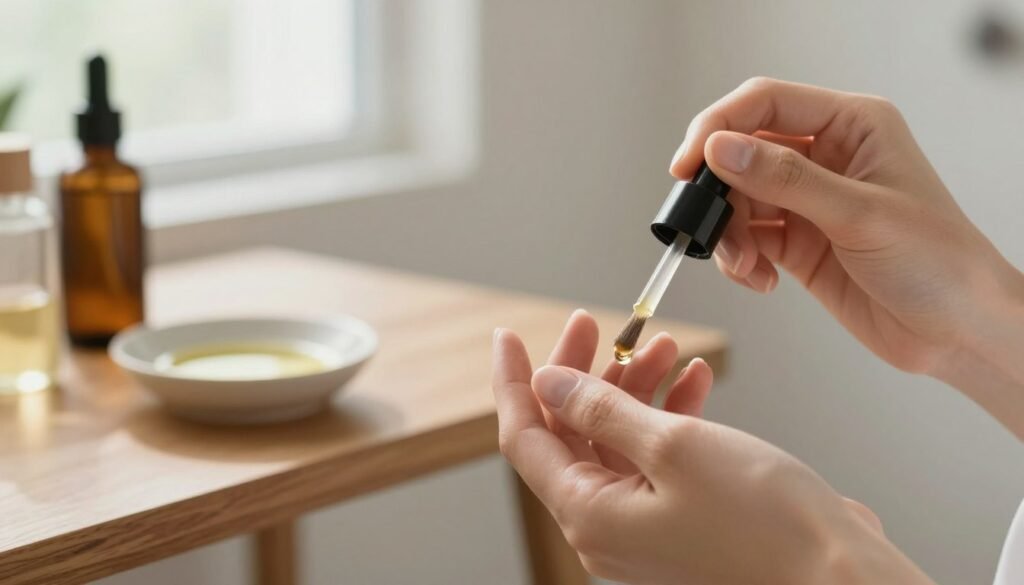 Brush applying oil to a clean nail during a daily routine Brush applying oil to a clean nail during a daily routine
