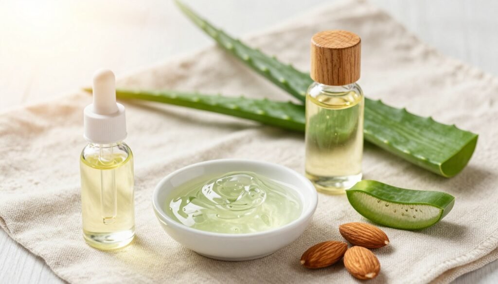 Tea tree oil, almond oil, and aloe vera listed for nail care Tea tree oil, almond oil, and aloe vera listed for nail care